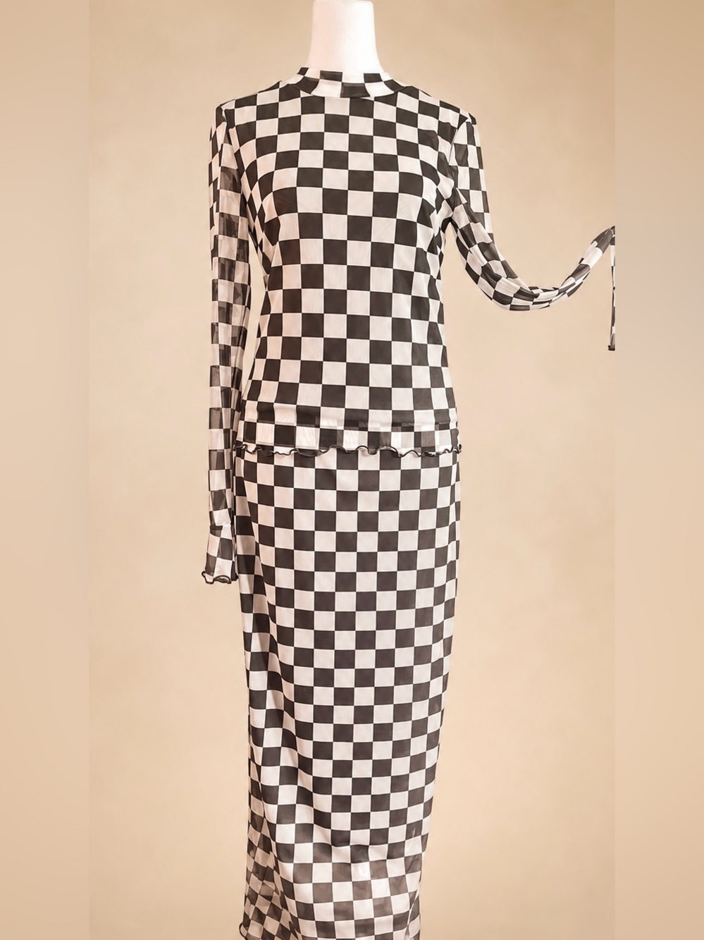 Noisy May Checkerboard Mesh Outfit in Black and White - Size Med.